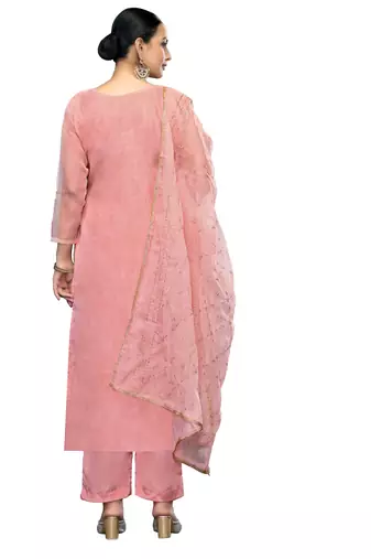 Women's pink embroidered viscose organza dress material