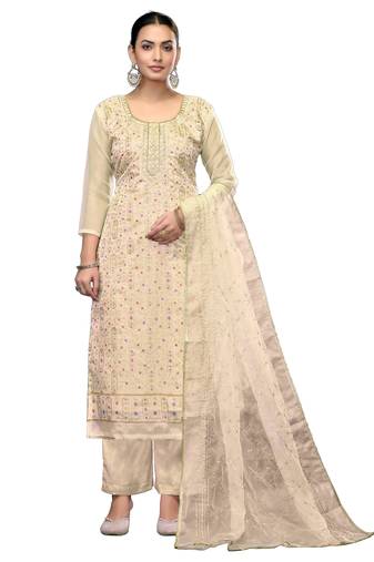 Women's white unstitched embroidered viscose organza dress material 