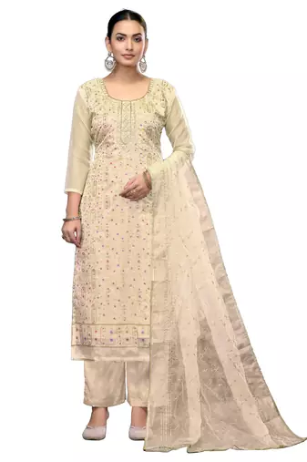 Women's white unstitched embroidered viscose organza dress material 