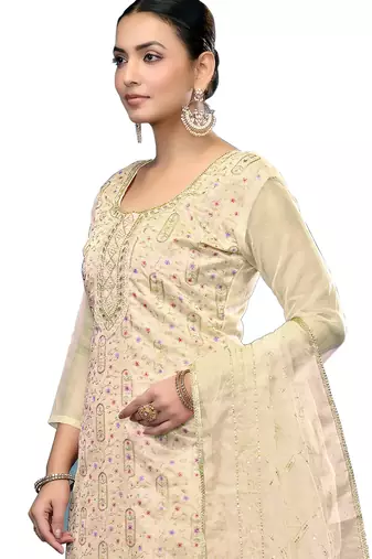 Women's white embroidered viscose organza dress material