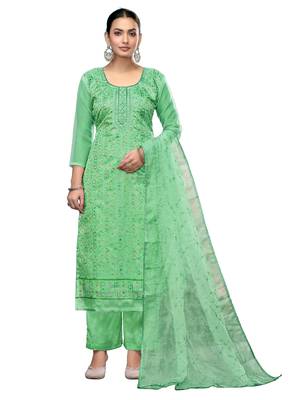 Women's sea green embroidered viscose organza dress material 1