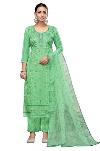 Women's sea green unstitched embroidered viscose organza dress material 