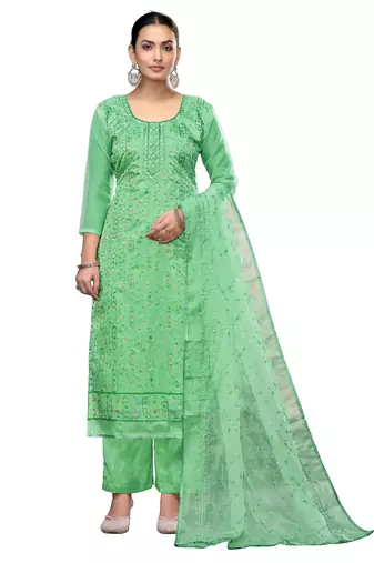 Women's sea green unstitched embroidered viscose organza dress material 
