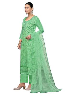 Women's sea green embroidered viscose organza dress material 2