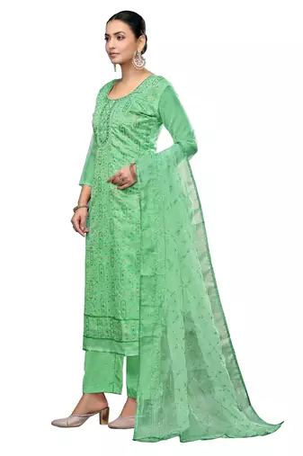 Women's sea green embroidered viscose organza dress material