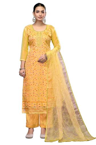 Women's yellow unstitched embroidered viscose organza dress material 