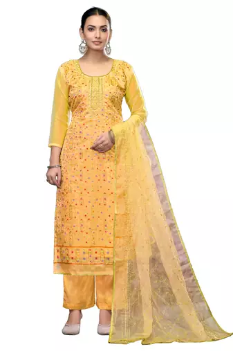 Women's yellow unstitched embroidered viscose organza dress material 