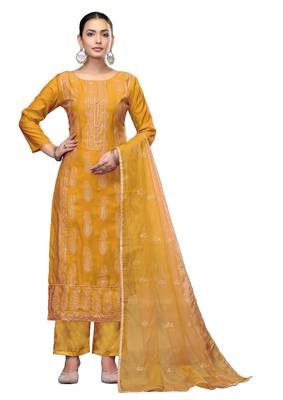 Women's yellow embroidered roman cotton silk dress material 1