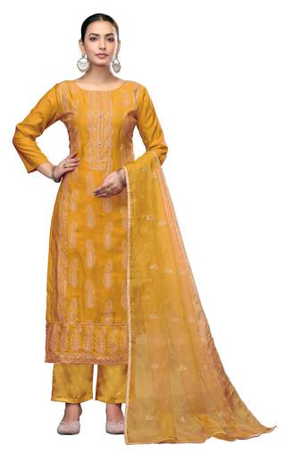 Women's yellow unstitched embroidered roman cotton silk dress material 