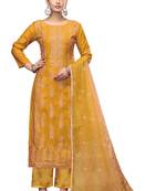 Women's yellow unstitched embroidered roman cotton silk dress material 