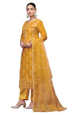 Women's yellow embroidered roman cotton silk dress material 2