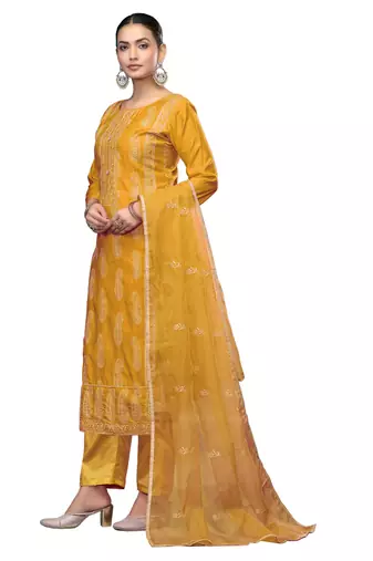 Women's yellow embroidered roman cotton silk dress material