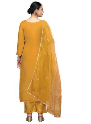 Women's yellow embroidered roman cotton silk dress material 3