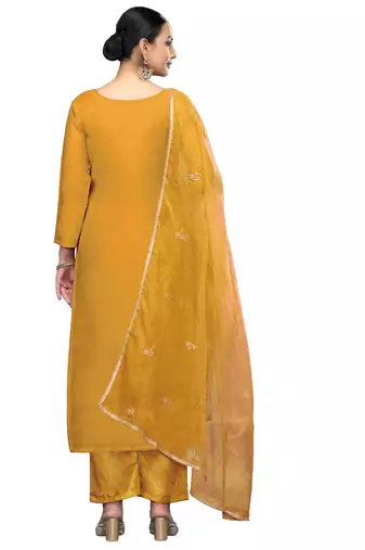 Women's yellow embroidered roman cotton silk dress material