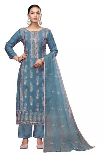 Women's teal blue unstitched embroidered roman cotton silk dress material 