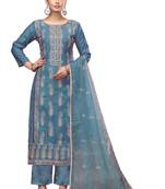 Women's teal blue unstitched embroidered roman cotton silk dress material 