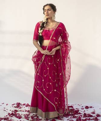 rani pink plain cotton silk lehenga 1