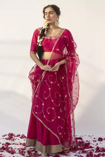 rani pink plain cotton silk lehenga