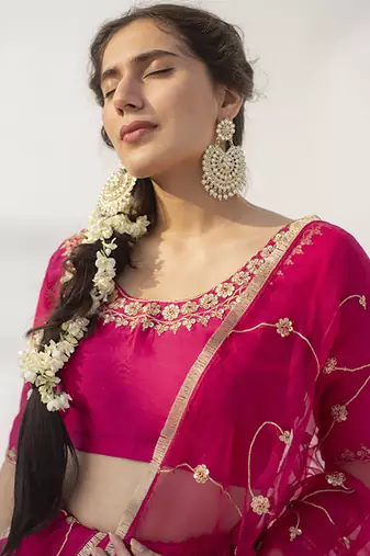 rani pink plain cotton silk lehenga
