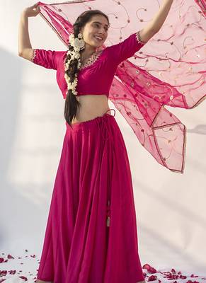 rani pink plain cotton silk lehenga 4