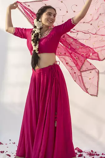 rani pink plain cotton silk lehenga