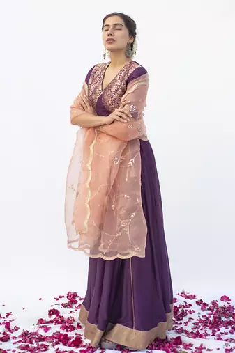 purple plain cotton silk lehenga