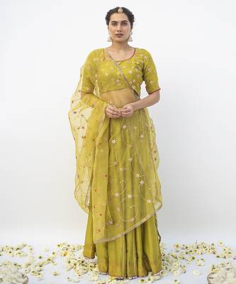 green plain cotton silk lehenga 1