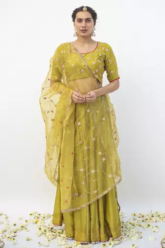 green plain cotton silk lehenga