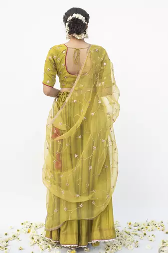 green plain cotton silk lehenga