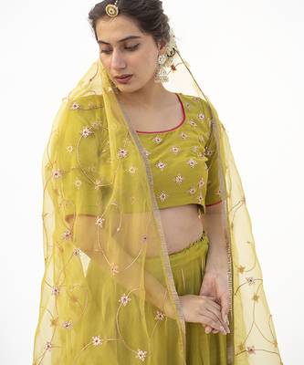 green plain cotton silk lehenga 3