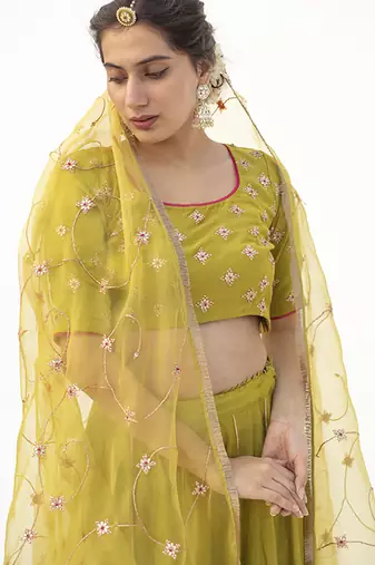 green plain cotton silk lehenga