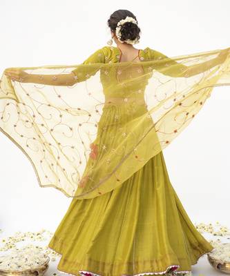 green plain cotton silk lehenga 4