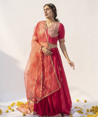pink plain cotton silk lehenga 1