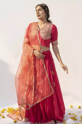 pink plain cotton silk lehenga