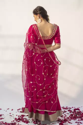 rani pink plain cotton silk lehenga