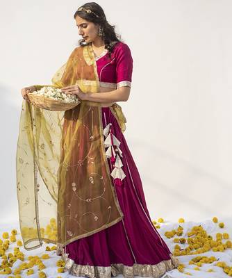 wine plain cotton silk lehenga 1