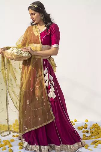 wine plain cotton silk lehenga