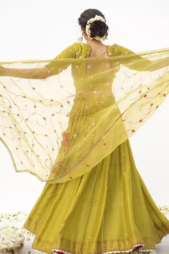 green plain cotton silk lehenga