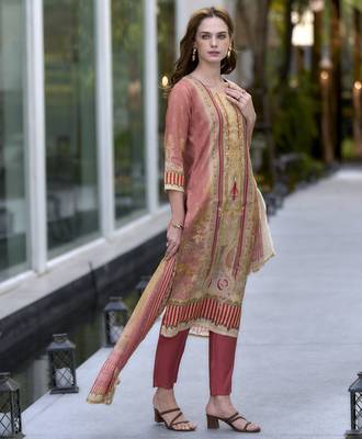 Women's Gorgeous Silk Blend Embroidery Straight Kurta with Pant And Dupatta Set 2