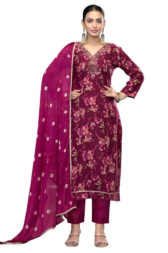 Women's voilet unstitched emblished jaam cotton dress material 