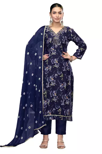 Women's blue unstitched emblished jaam cotton dress material 