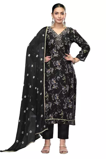 Women's black unstitched emblished jaam cotton dress material 