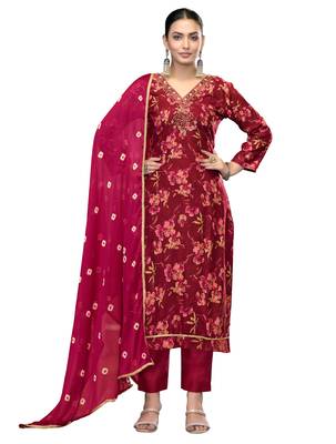 Women's maroon emblished jaam cotton dress material 1