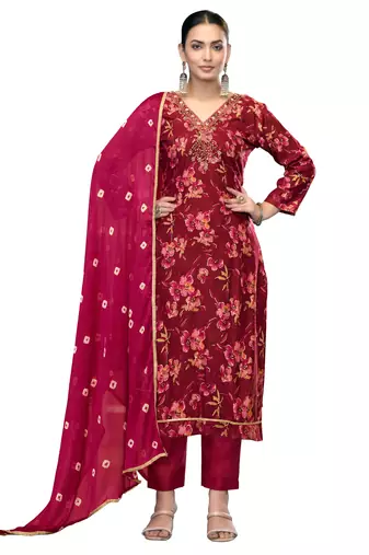 Women's maroon unstitched emblished jaam cotton dress material 