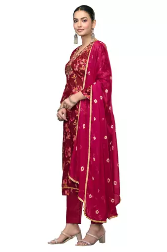 Women's maroon emblished jaam cotton dress material