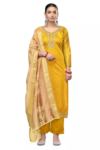 Women's yellow unstitched handwork modal cotton dress material 