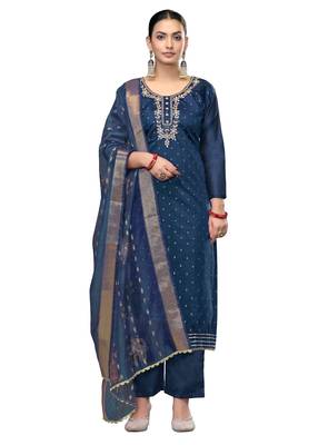 Women's blue handwork modal cotton dress material 1