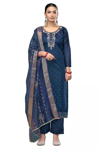 Women's blue unstitched handwork modal cotton dress material 