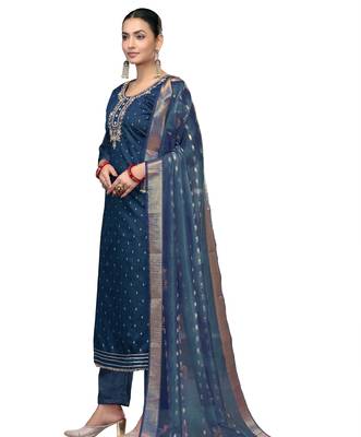 Women's blue handwork modal cotton dress material 2
