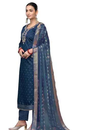 Women's blue handwork modal cotton dress material